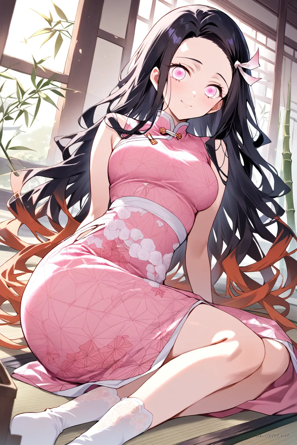 Illustration of Nezuko Kamado wearing a pastel pink qipao with floral embroidery, mandarin collar, and white silk ribbon belt in soft studio lighting