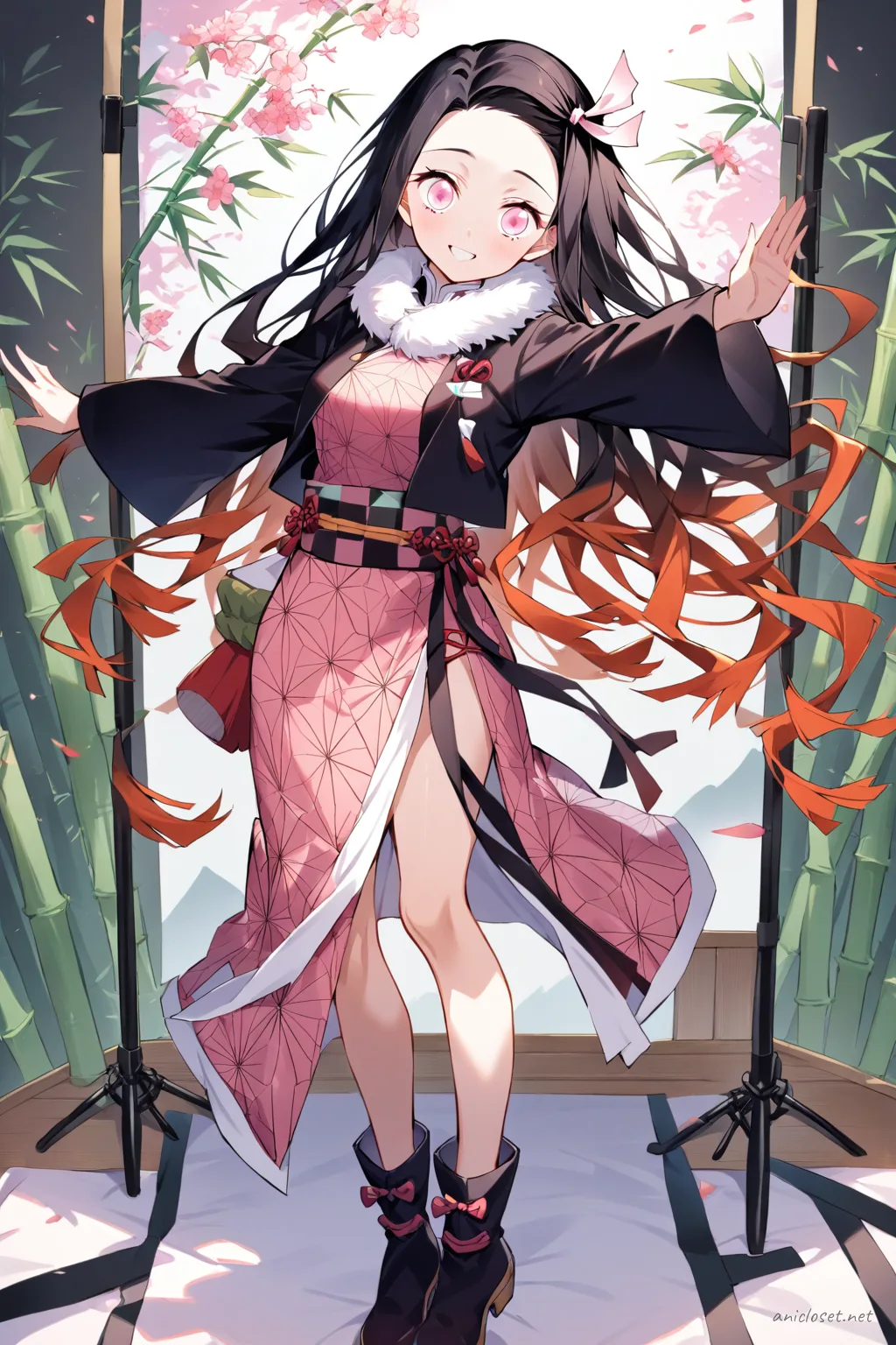 Illustration of Nezuko Kamado in winter qipao with cropped fur-trim jacket and mid-calf boots, standing against a clean studio backdrop