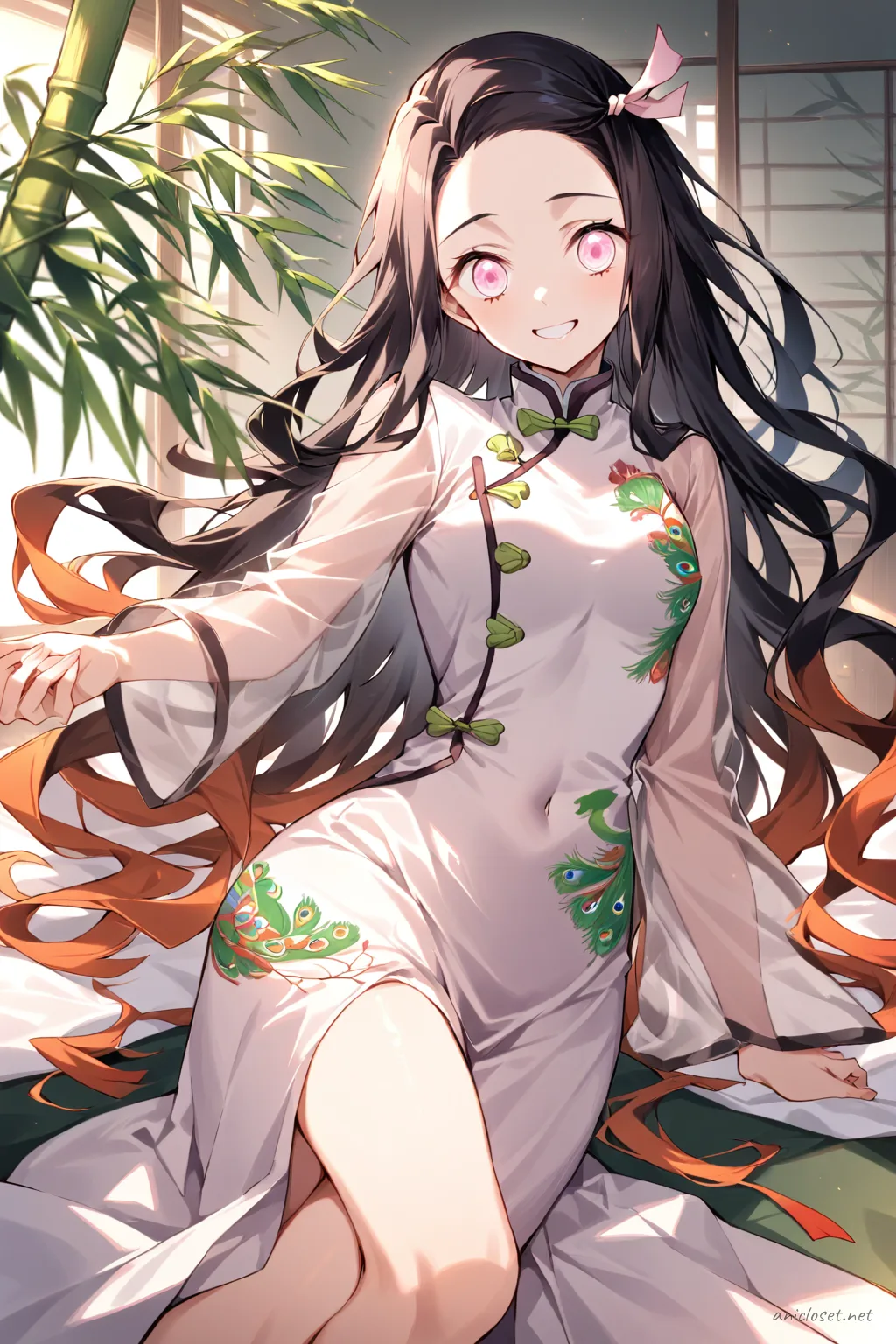 Full-body three-quarter view illustration of Nezuko Kamado wearing a patterned silk qipao with peacock motif, high slit, mandarin collar, sleeveless design, sheer black stockings, and black ballet flats against a simple studio background
