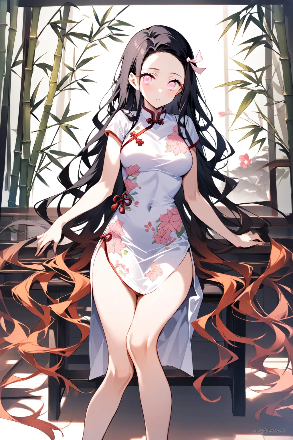 Full-body three-quarter view of Nezuko Kamado wearing a short-sleeve white silk qipao with pink floral embroidery, high side slit, mandarin collar, white ankle socks, black Mary Jane shoes, and simple hair ribbon on a clean studio background