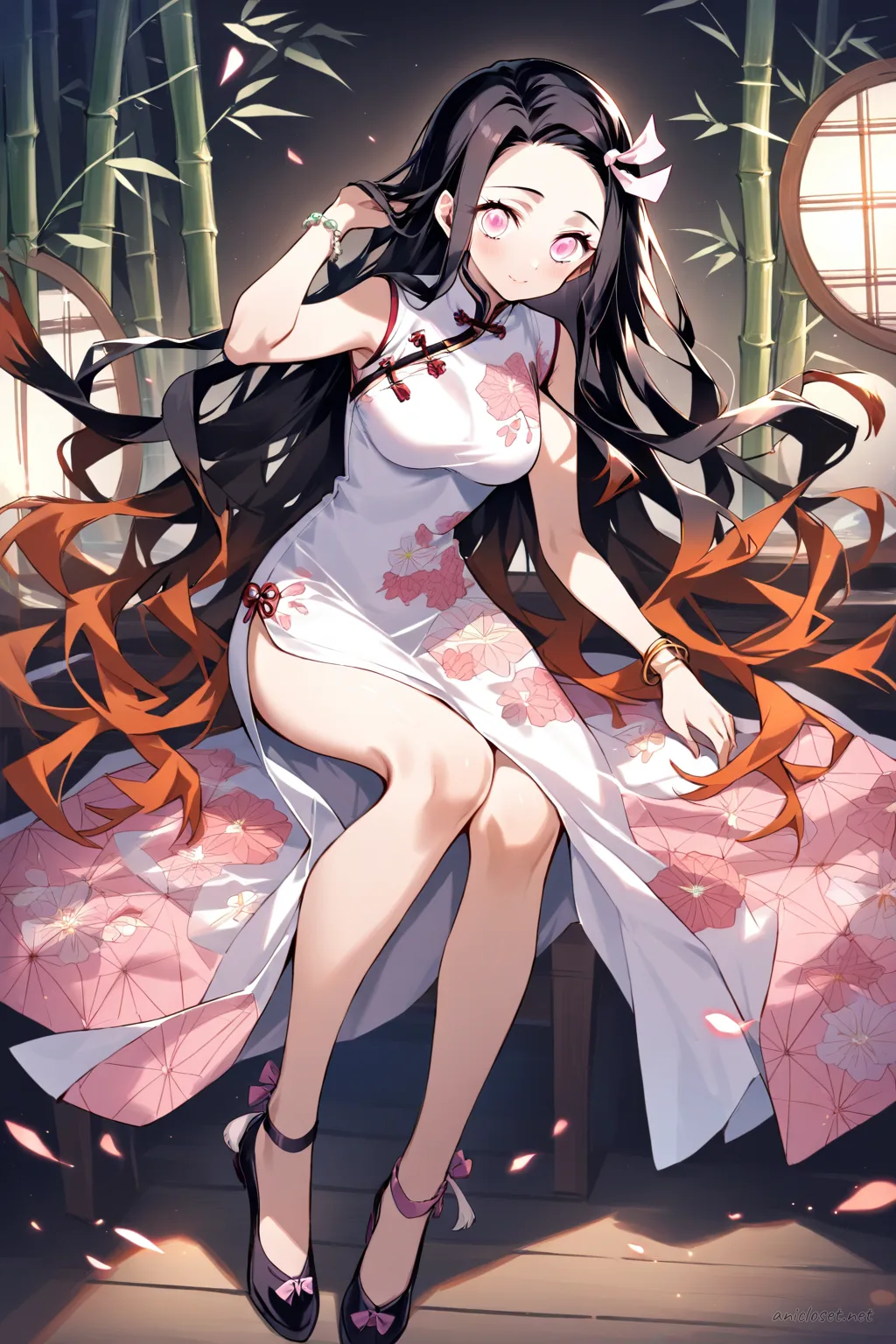 Knee-up half-body illustration of Nezuko Kamado wearing a sleeveless silk qipao with floral embroidery, wide leg trousers, and ankle strap flats under soft studio lighting