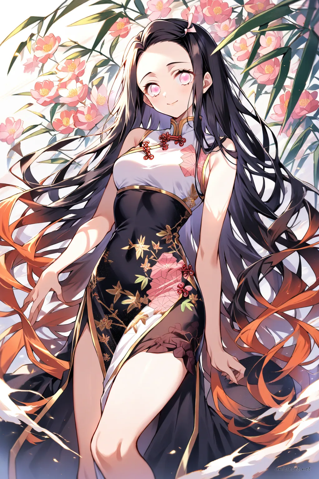 Full-body three-quarter view of Nezuko Kamado in a black silk evening qipao with gold floral embroidery, gold piping, and high slit, wearing black sheer stockings and high heels