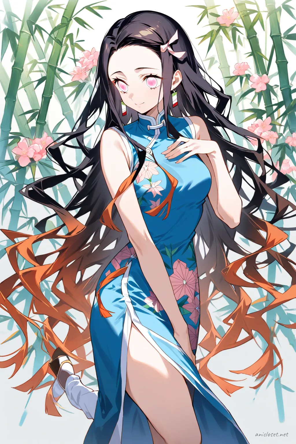 Full-body illustration of Nezuko Kamado wearing a blue floral sleeveless qipao with white trim, white ankle socks, and black Mary Jane shoes, standing against a clean studio backdrop