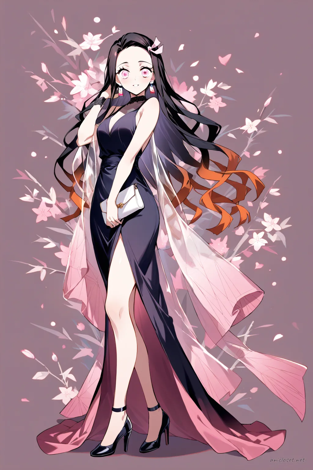 Full-body three-quarter view illustration of Nezuko Kamado wearing a knee-length sleeveless cocktail dress with subtle floral pattern, sheer neckline, pearl necklace, sheer gloves, clutch bag, and ankle strap elegant heels against a simple studio background