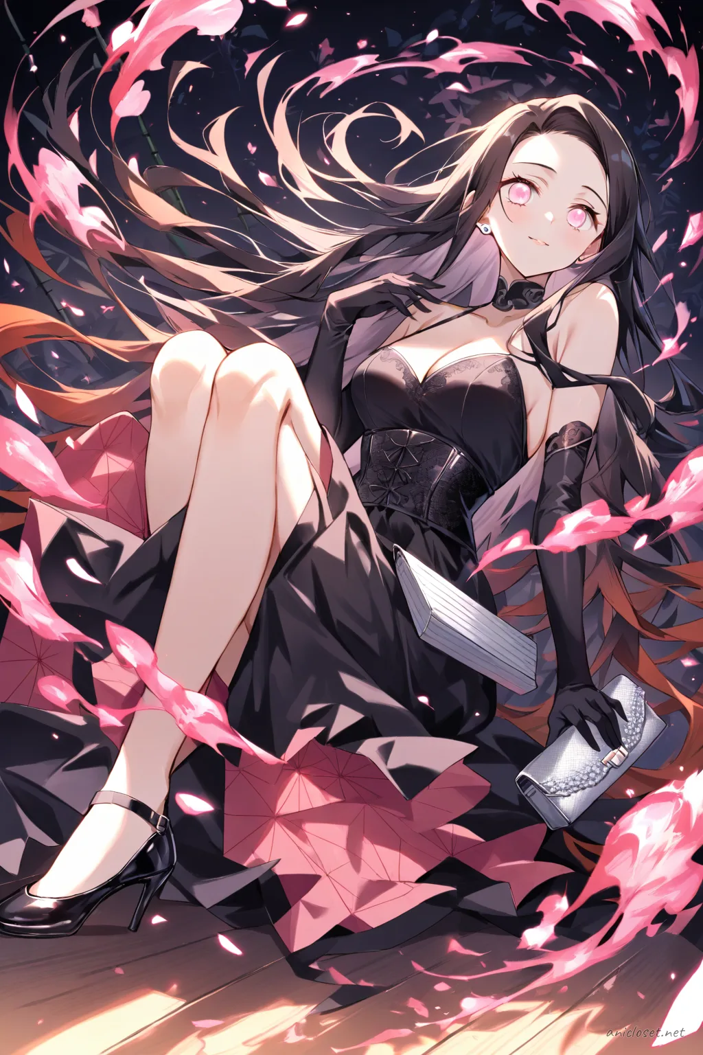 Full-body three-quarter view of Nezuko Kamado wearing a black floor-length mermaid gown with sweetheart neckline, black opera gloves, high heels, and holding a silver clutch bag against a clean studio background