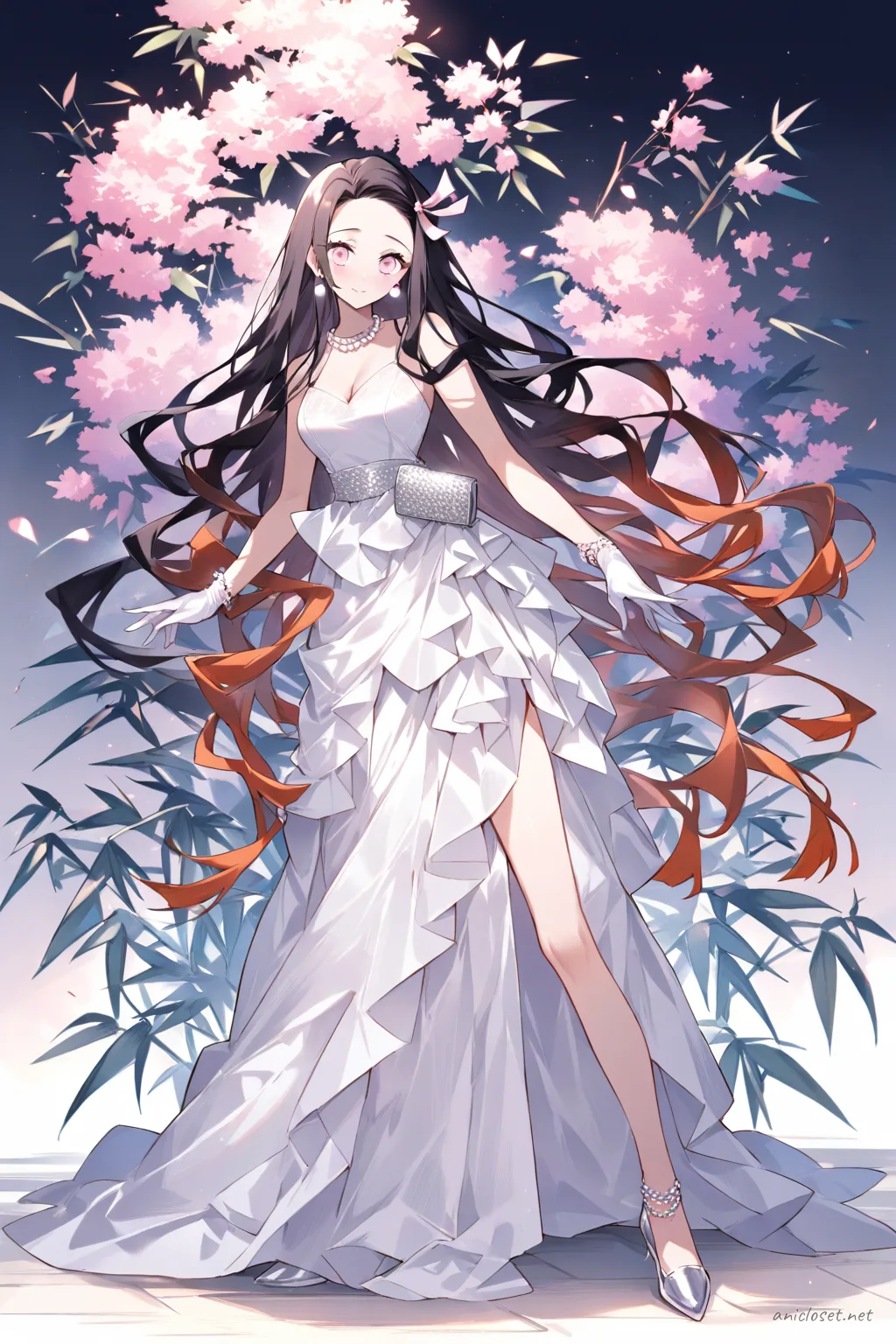 Nezuko Kamado in a white floor-length sleeveless evening gown with pearl necklace, earrings, bracelet, white satin gloves, silver clutch purse, and white high heels, standing pose on clean studio background