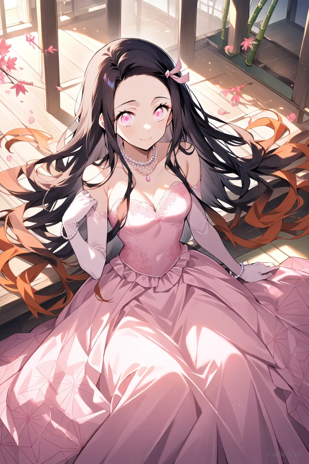 Full-body three-quarter view illustration of Nezuko Kamado wearing a strapless satin ballgown with a soft volume skirt, elbow-length gloves, pearl necklace, and high-heeled pumps against a simple studio background
