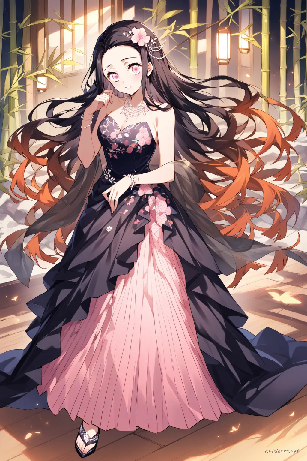 Nezuko Kamado wearing a strapless mermaid silhouette evening dress with subtle floral embroidery and sheer shawl, shown knee-up in soft studio lighting