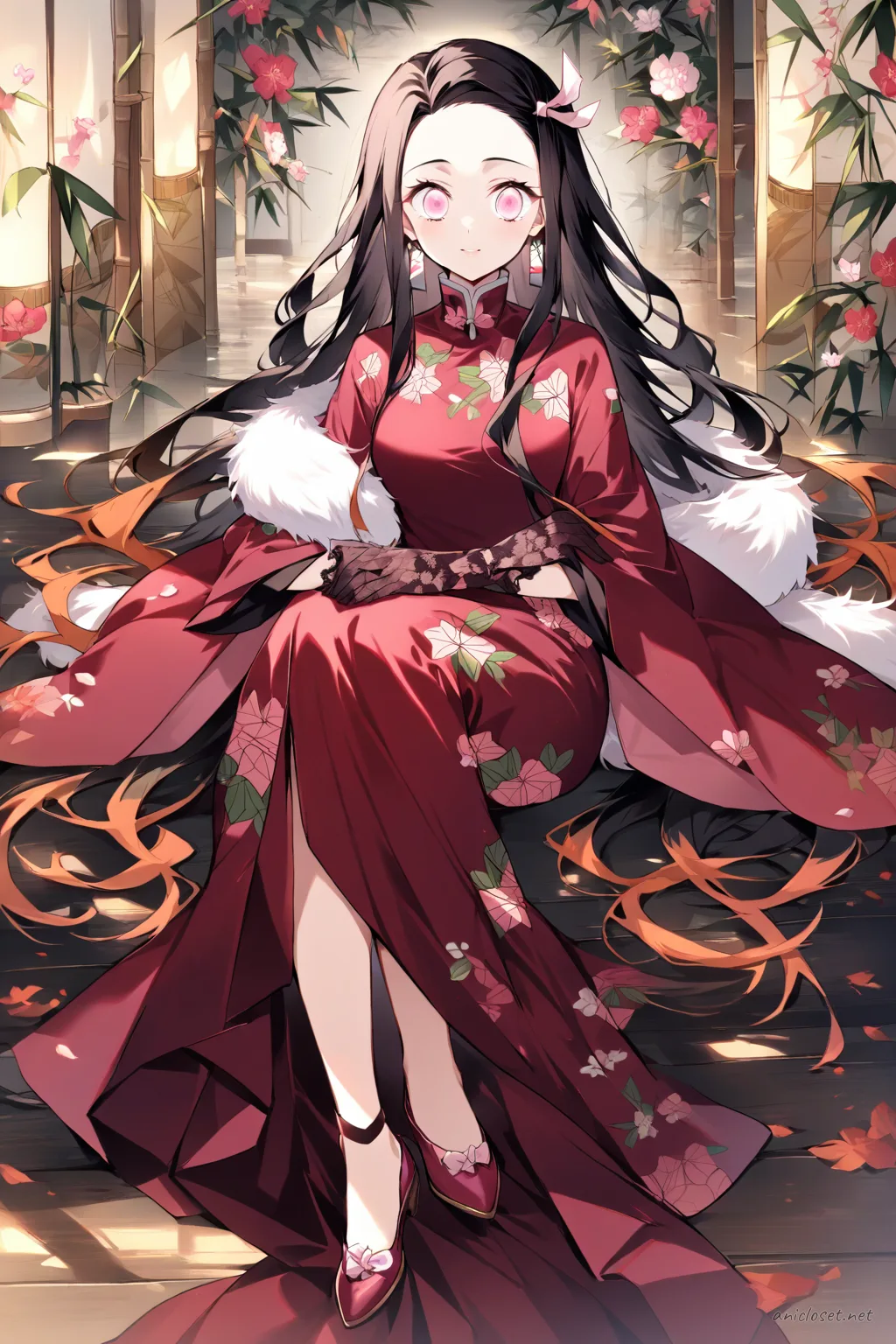 Full-body three-quarter view of Nezuko Kamado wearing a deep wine red velvet formal gown with floral embroidery, velvet gloves, fur stole, and pearl earrings