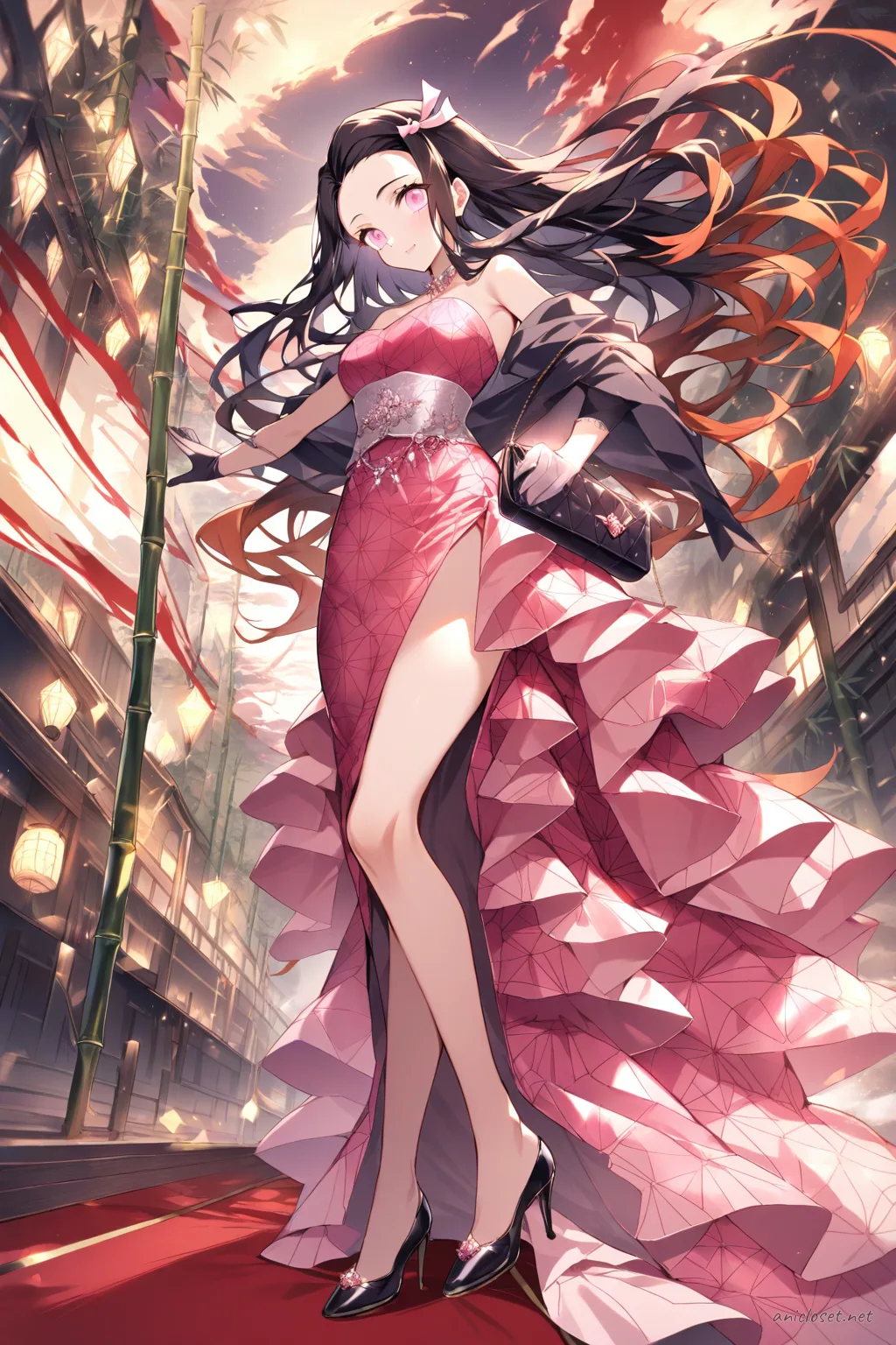 Nezuko Kamado in a red carpet strapless satin gown with a dramatic train, long elegant gloves, stiletto heels, and diamond jewelry, standing in a clean studio.