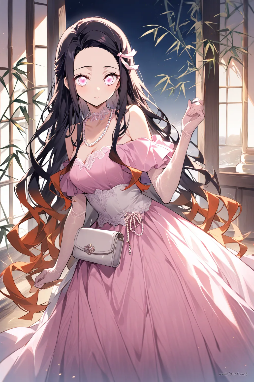 Illustration of Nezuko Kamado wearing an off-shoulder satin evening gown with fitted bodice, sheer elbow-length gloves, and pearl necklace in soft studio lighting