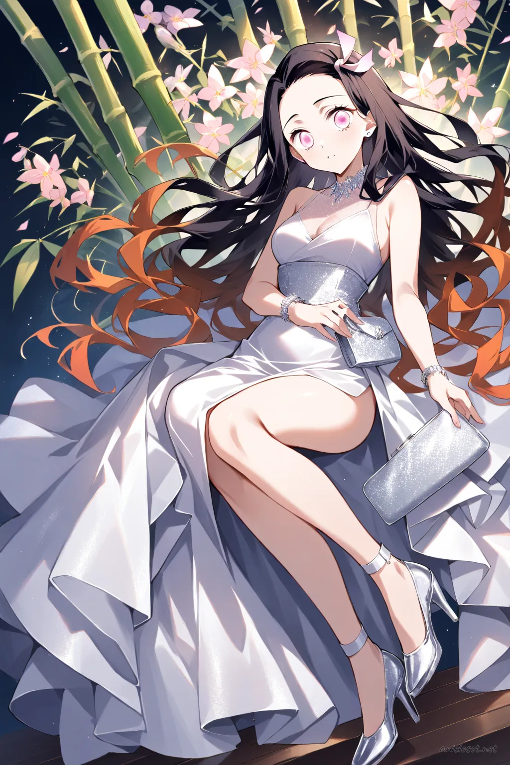 Full-body illustration of Nezuko Kamado in a silver evening gown with clutch bag, standing against a clean studio backdrop