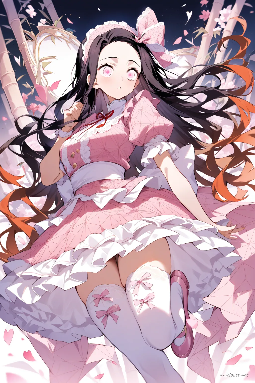 Illustration of Nezuko Kamado in a frilly idol dress with layered skirt, puff sleeves, and stage bow, shown knee-up with soft studio lighting