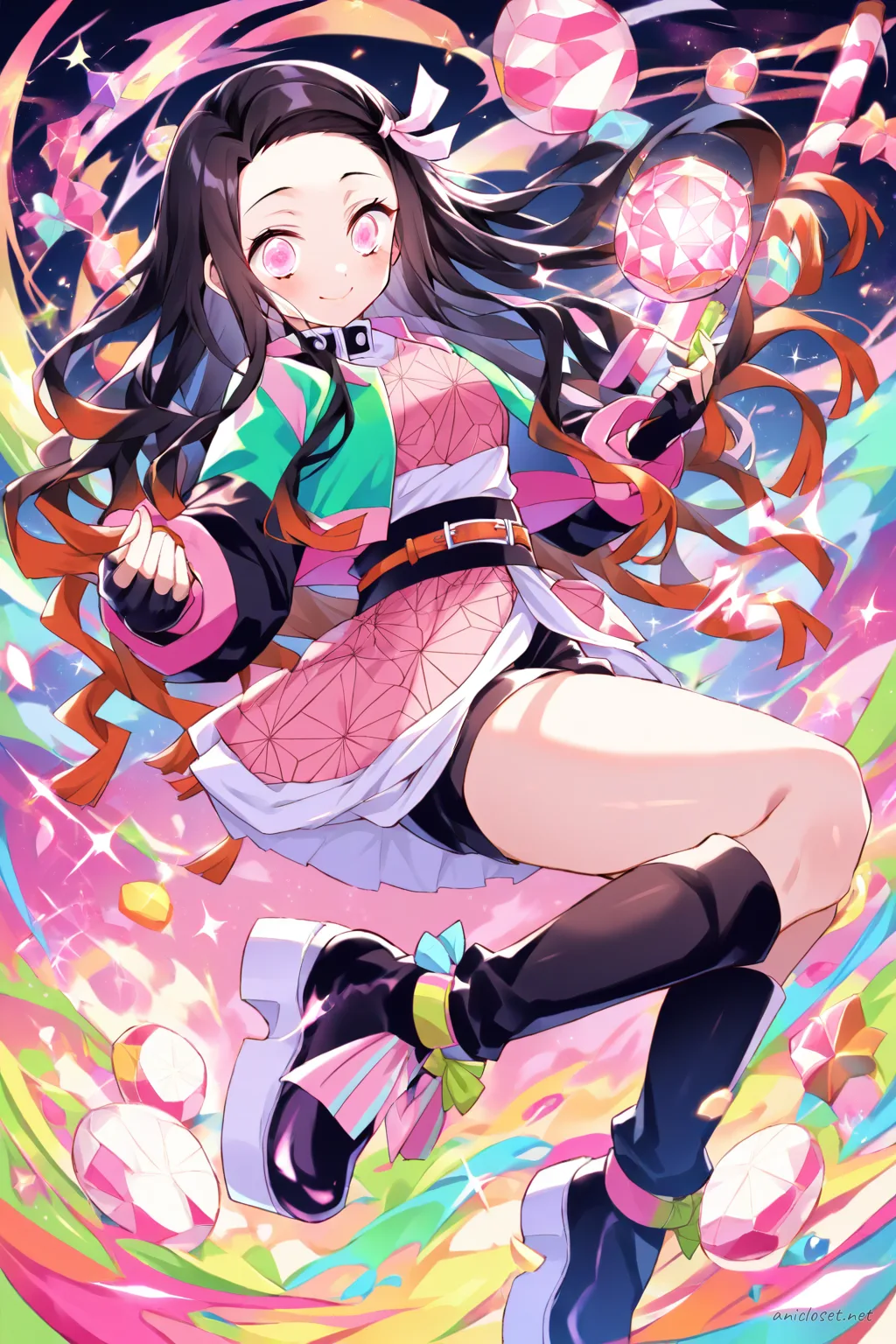 Full-body three-quarter view of Nezuko Kamado in colorful idol jacket and high-waisted shorts with star-shaped hair clips and platform boots, stage spotlight background