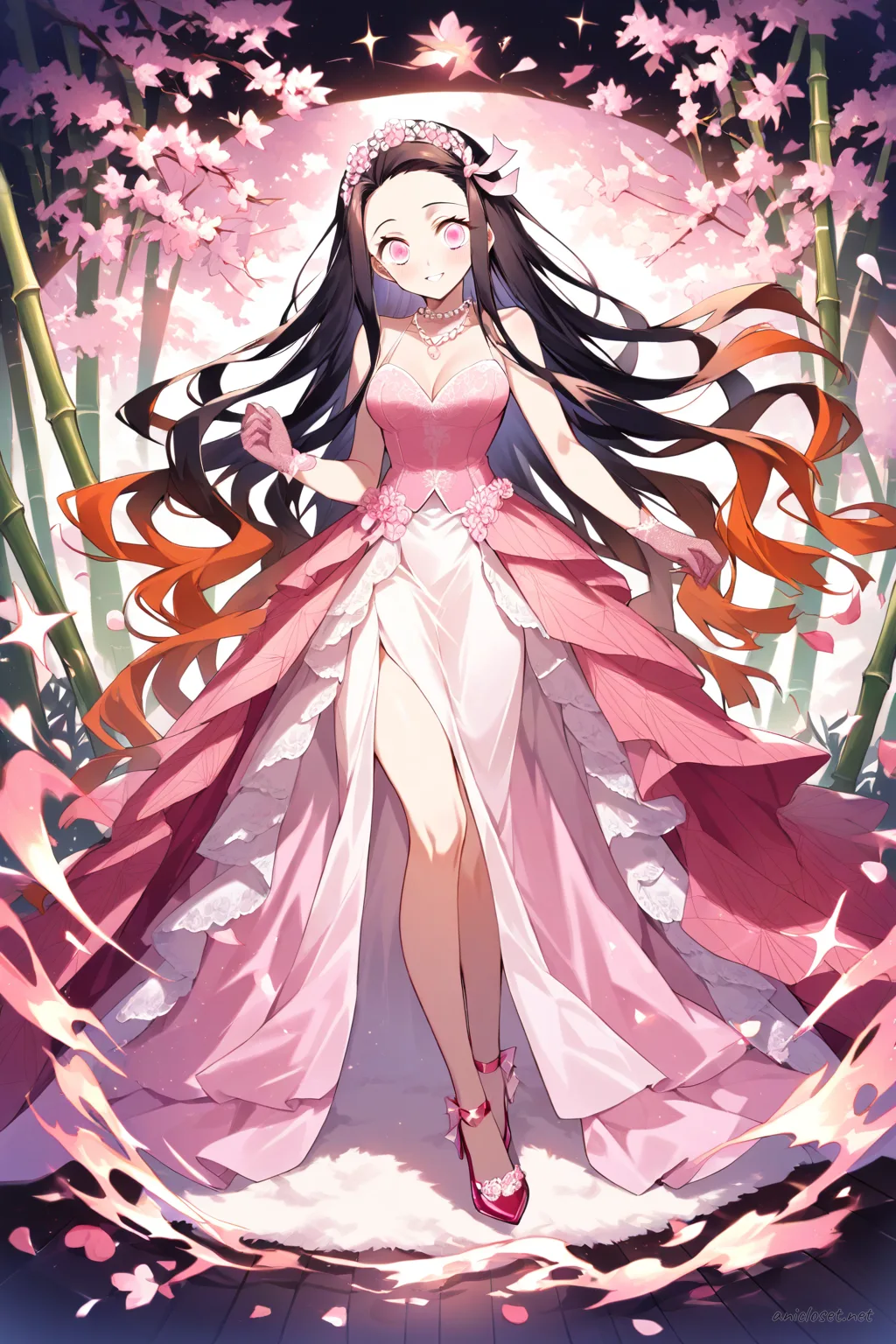 Full-body three-quarter view illustration of Nezuko Kamado wearing an elegant floor-length sleeveless evening gown with a high slit skirt, fitted bodice, sweetheart neckline, sheer lace overlay, pearl necklace, long satin gloves, strappy high heels, and a sparkling hairpin, set against a stage spotlight background.