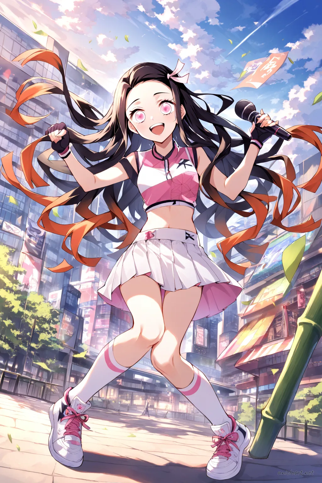 Knee-up half-body illustration of Nezuko Kamado in sporty crop top, pleated tennis skirt, fingerless gloves, knee-high socks, sneakers, holding a microphone under soft studio lighting