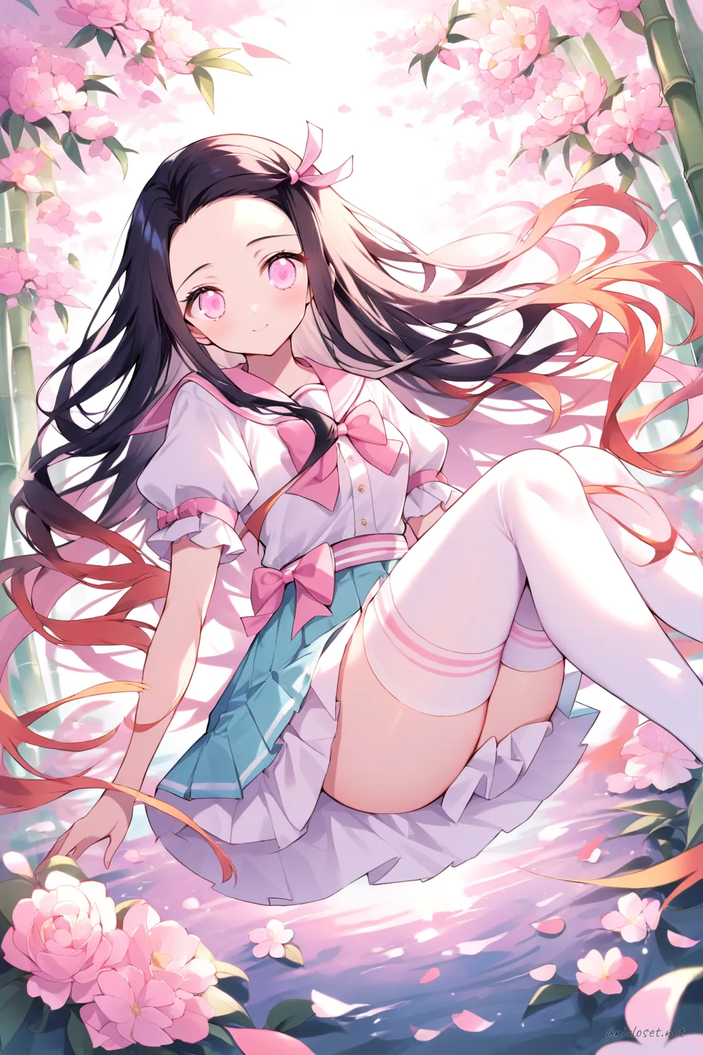 Knee-up half-body illustration of Nezuko Kamado in pastel pink sailor collar blouse, white puff sleeves, pastel blue pleated mini skirt, twin pastel ribbons in hair, white thigh-high stockings with pink bows, and pastel pink Mary Jane shoes under soft studio lighting