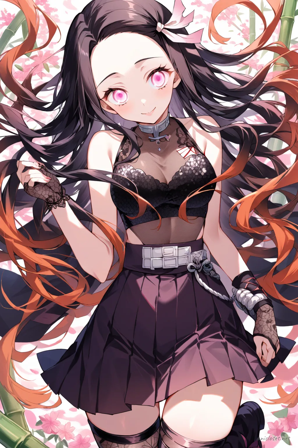 Knee-up half-body illustration of Nezuko Kamado wearing a black sequin sleeveless crop top, dark purple pleated mini skirt, sheer black fingerless gloves, black thigh-high stockings with lace trim, black ankle boots with silver buckles, silver chain belt, and small black choker necklace against a simple clean studio background