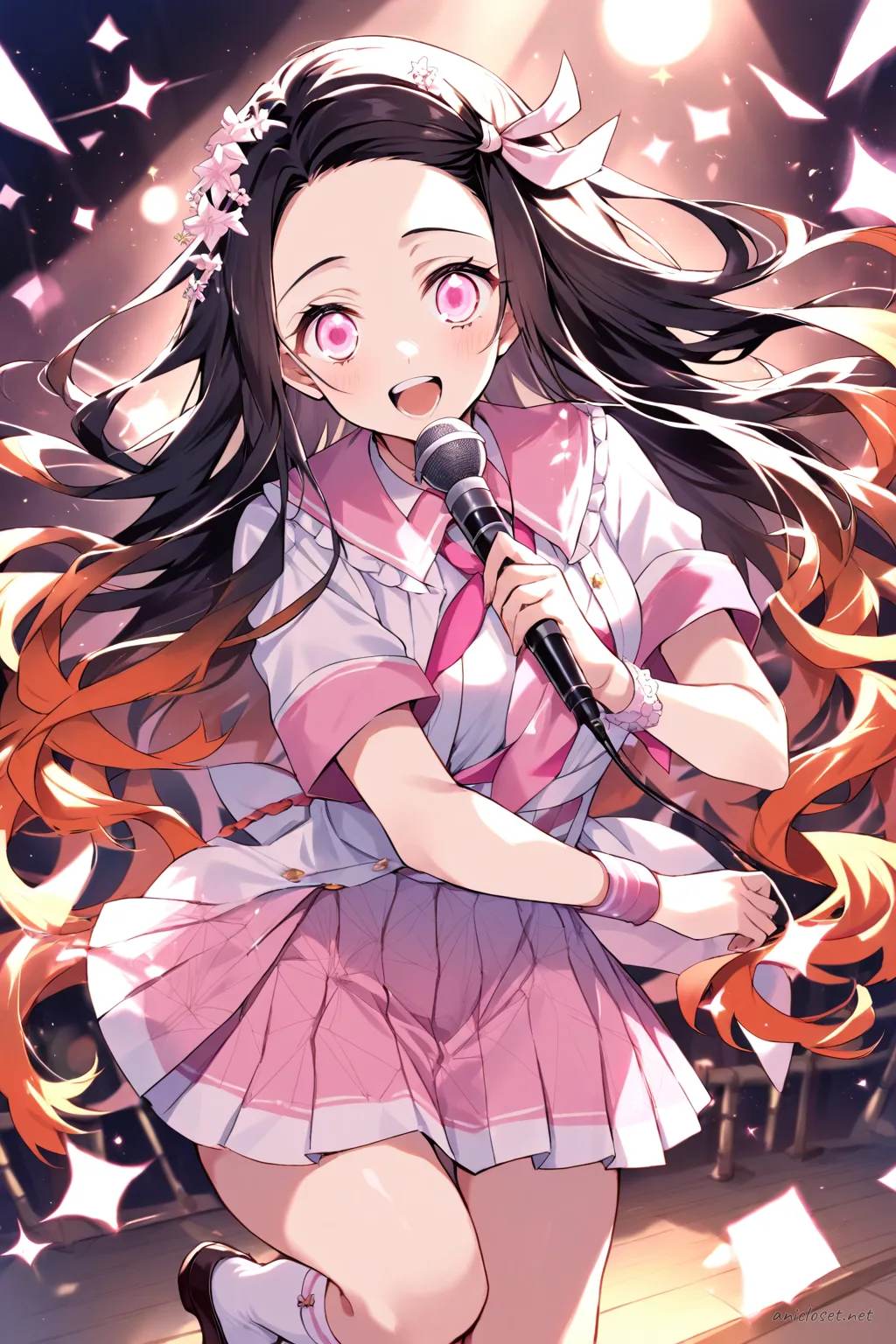 Full-body three-quarter view of Nezuko Kamado in school-idol inspired stage costume with pleated sailor collar blouse, short pleated skirt, ribbon necktie, knee-high socks, mary jane shoes, wristband, hair ribbon, glittery hair accessory, and light jacket tied around waist, wearing stage microphone headset against simple studio background