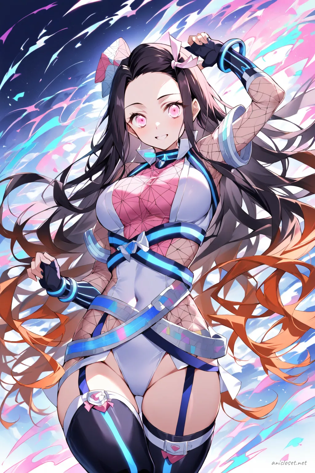 Full-body illustration of Nezuko Kamado in a futuristic idol costume with metallic silver accents, neon blue piping, sheer mesh sleeves, and thigh-high boots on a clean studio backdrop