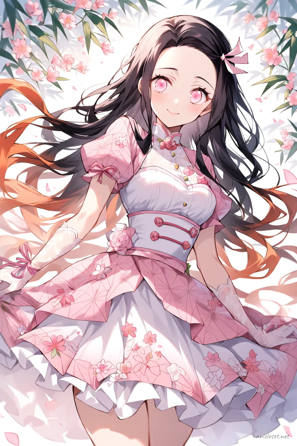 Full-body three-quarter view illustration of Nezuko Kamado wearing a pastel pink and white floral print idol dress with puffed sleeves, layered tulle skirt, lace gloves, and matching floral accessories