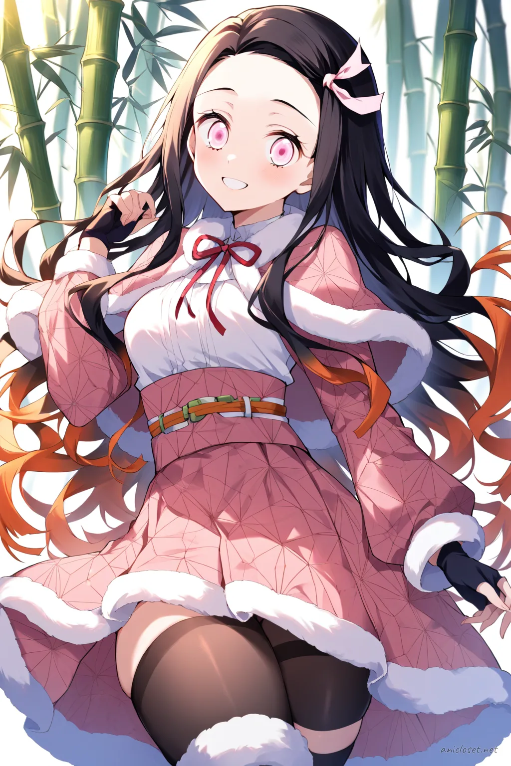 Full-body three-quarter view illustration of Nezuko Kamado in winter idol costume with wool capelet, pleated skirt, knee-high fur-trimmed boots, and stage microphone headset
