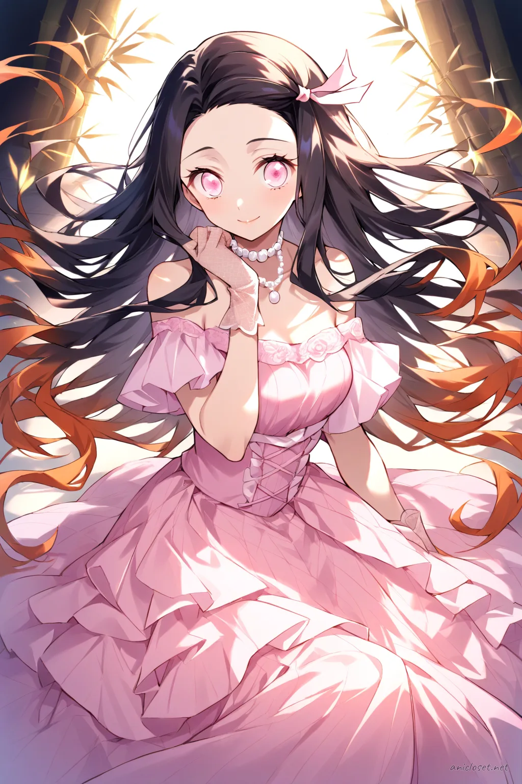 Full-body three-quarter view illustration of Nezuko Kamado wearing a pastel pink chiffon off-shoulder ball gown with ruched bodice, sheer long sleeves, lace gloves, pearl choker, glossy pink ballet flats, and floral hair accessory under soft spotlight lighting on a clean studio background