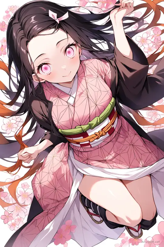Illustration of Nezuko Kamado wearing a furisode kimono with floral patterns and an ornate obi, shown knee-up with soft studio lighting