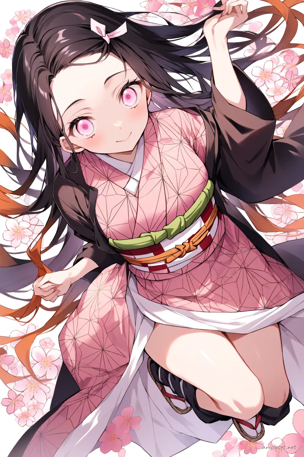 Illustration of Nezuko Kamado wearing a furisode kimono with floral patterns and an ornate obi, shown knee-up with soft studio lighting