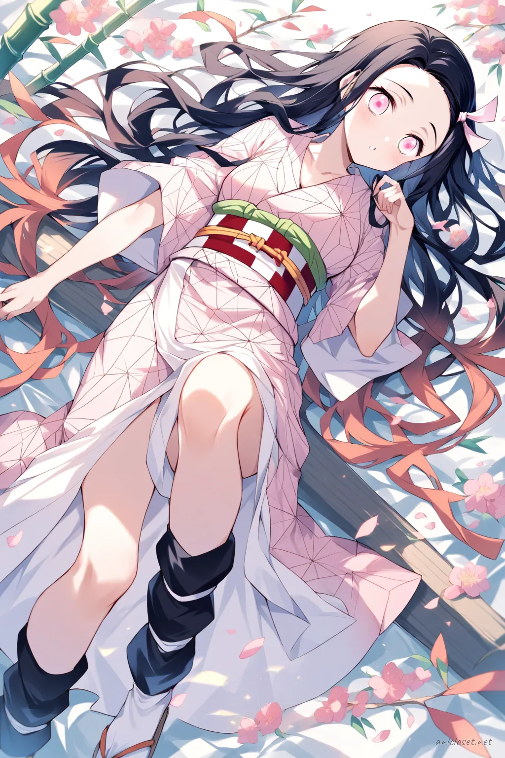 Knee-up half-body illustration of Nezuko Kamado wearing a pastel striped summer yukata with wide obi belt and wooden geta sandals under soft studio lighting