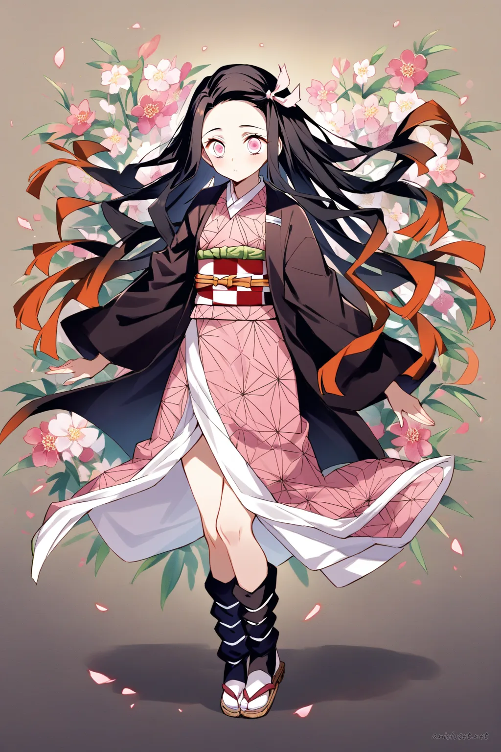 Full-body illustration of Nezuko Kamado wearing a dark formal kimono with subdued floral pattern, black obi belt, white juban underkimono, tabi socks, and zori sandals, standing against a clean studio backdrop
