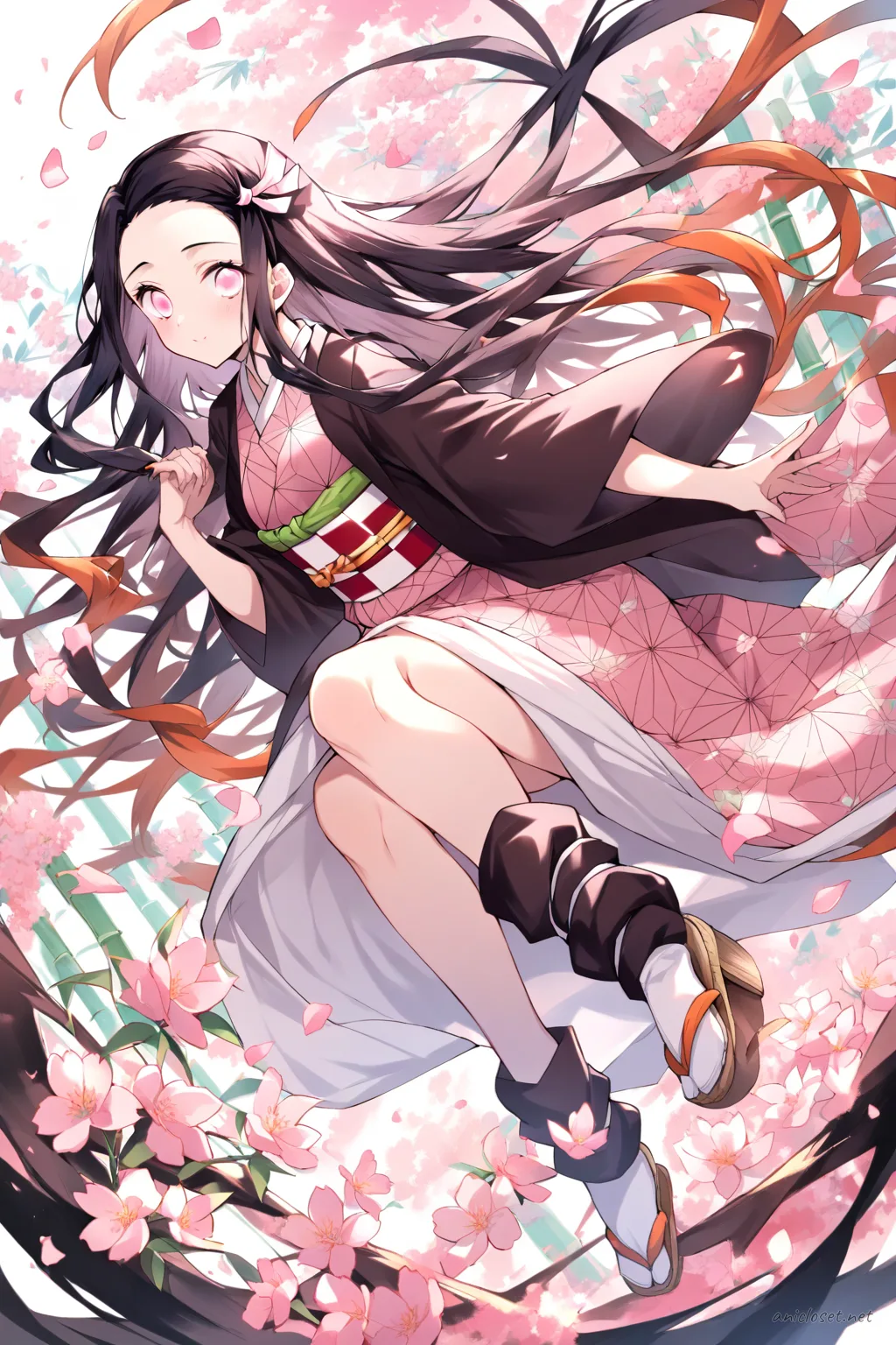 Full-body three-quarter view of Nezuko Kamado wearing a pastel pink kimono with soft floral patterns, light green obi, white tabi socks, and zori sandals, set against a clean studio background