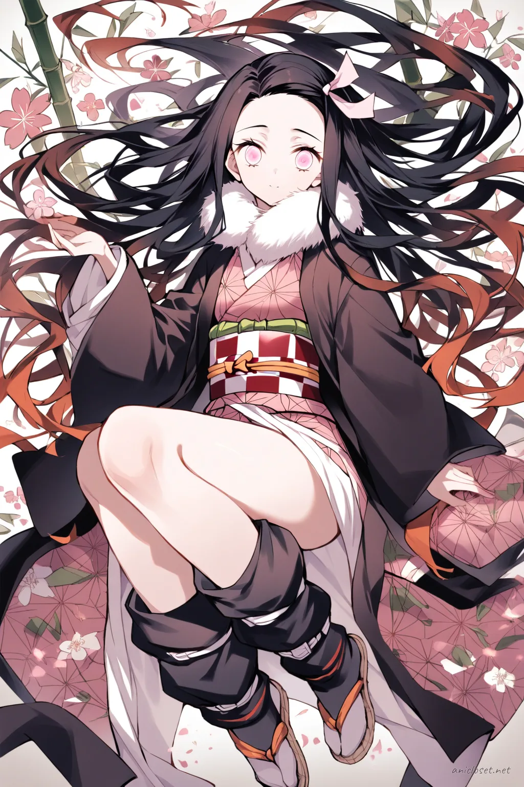 Full-body three-quarter view of Nezuko Kamado wearing a winter kimono with haori coat, featuring fur collar, layered sleeves, obi belt, tabi socks, and zori sandals on a clean background