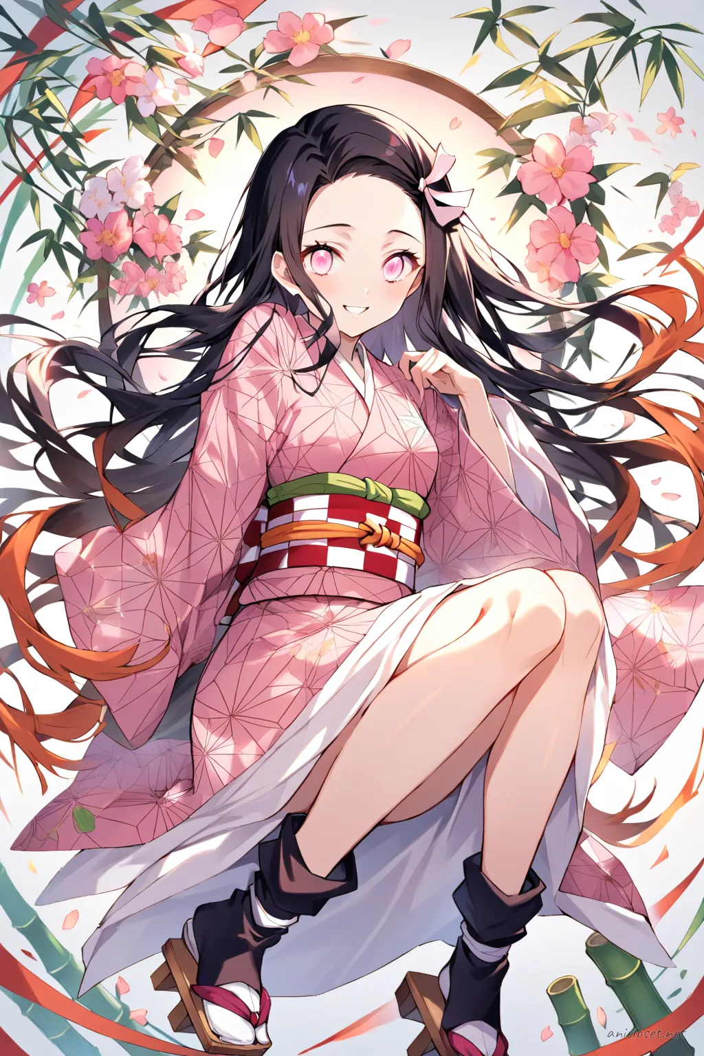 Nezuko Kamado in a bright pink floral festival yukata with wide obi belt and colorful festival hairpin, knee-up half-body view under soft lighting