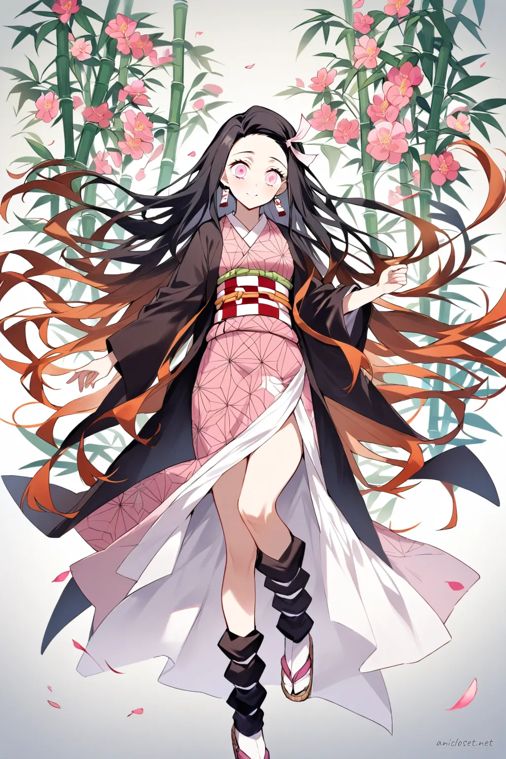 Full-body three-quarter view illustration of Nezuko Kamado wearing a modern floral kimono with asymmetric obi, tabi socks, and zori sandals against a clean studio background