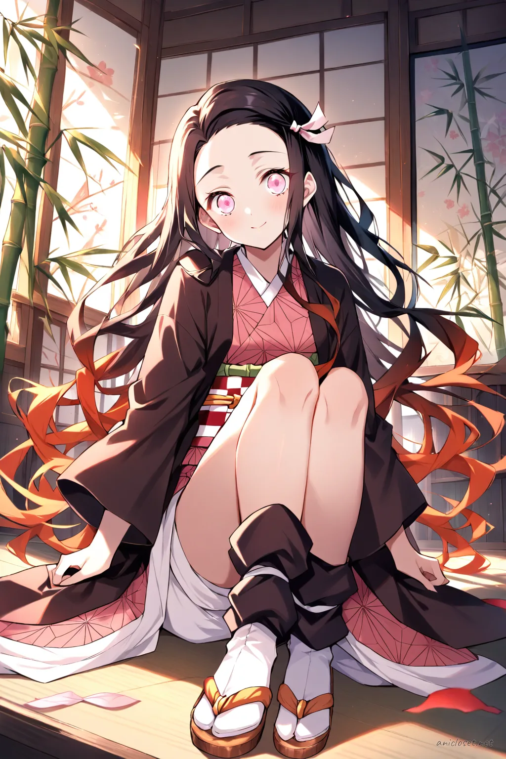Nezuko Kamado wearing a red kimono with white floral patterns, white obi, and red obi-jime, shown knee-up with soft studio lighting