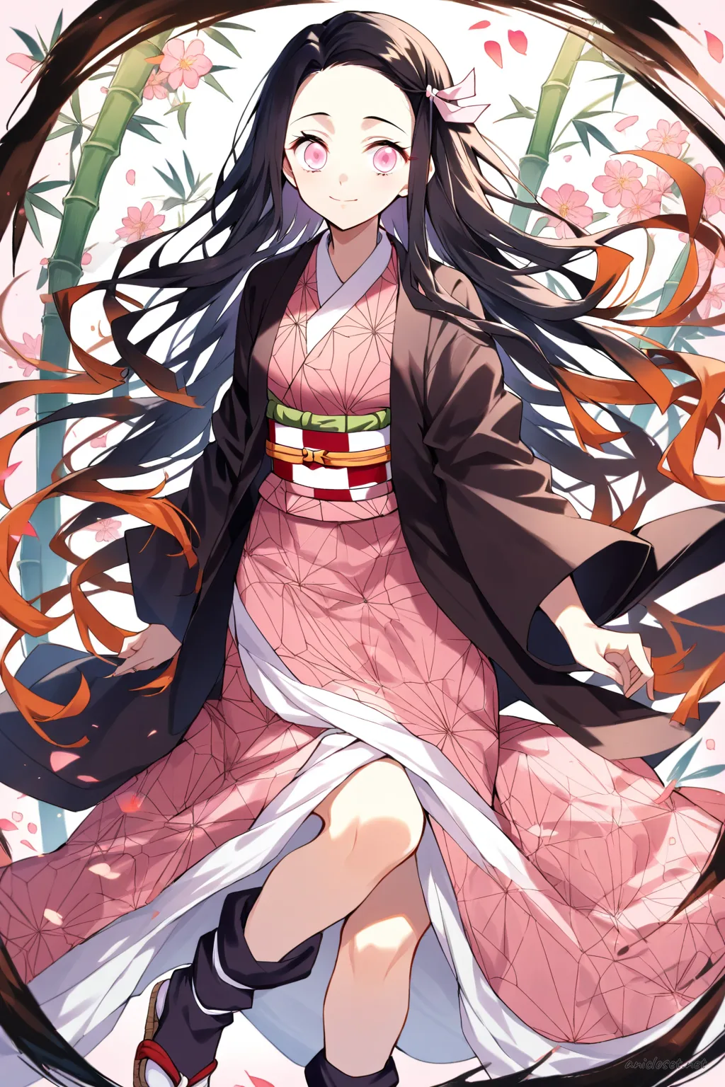 Full-body three-quarter view of Nezuko Kamado wearing an indigo kasuri kimono with rustic textured fabric, traditional obi belt, tabi socks, and zori sandals against a clean studio background