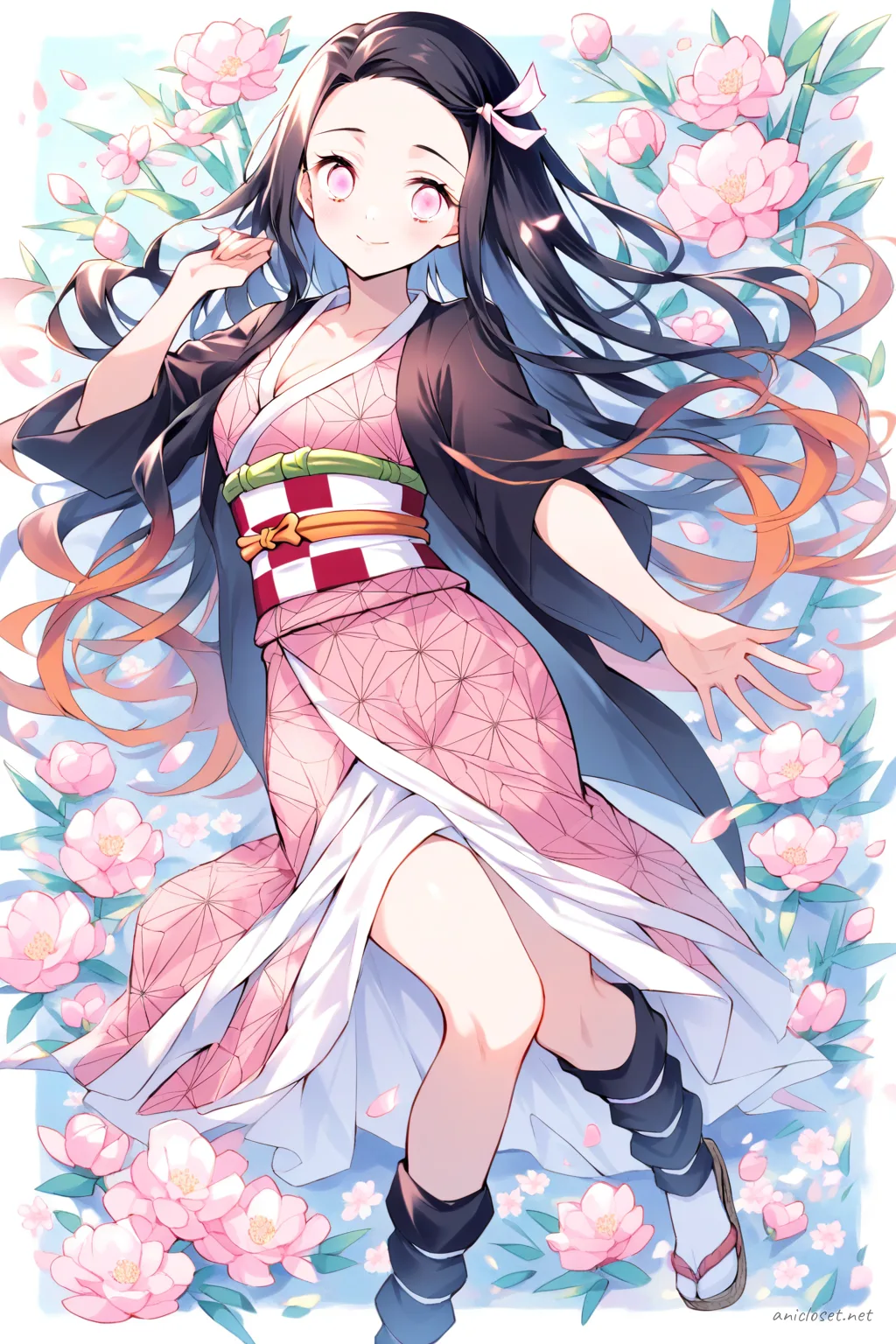 Half-body illustration of Nezuko Kamado wearing a short modern kimono dress hybrid with a wide obi belt and floral pattern under soft studio lighting