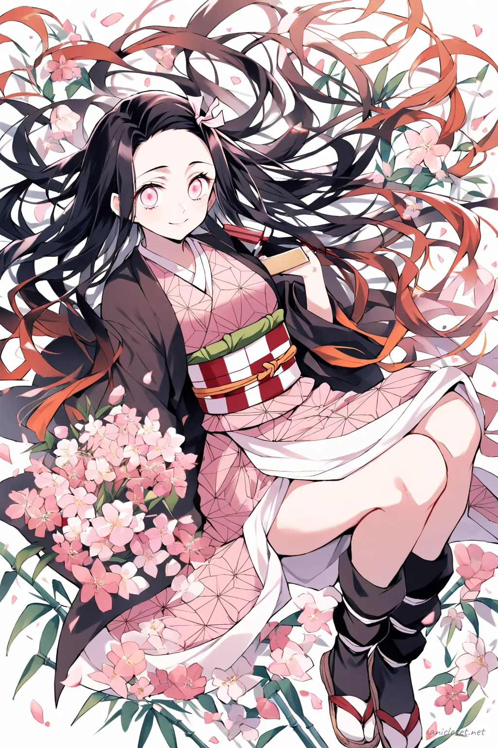 Full-body three-quarter view illustration of Nezuko Kamado wearing a soft pastel pink kimono with light gray obi, white juban, tabi socks, zori sandals, silk hair ribbon, and holding a tea ceremony fan against a simple clean studio background