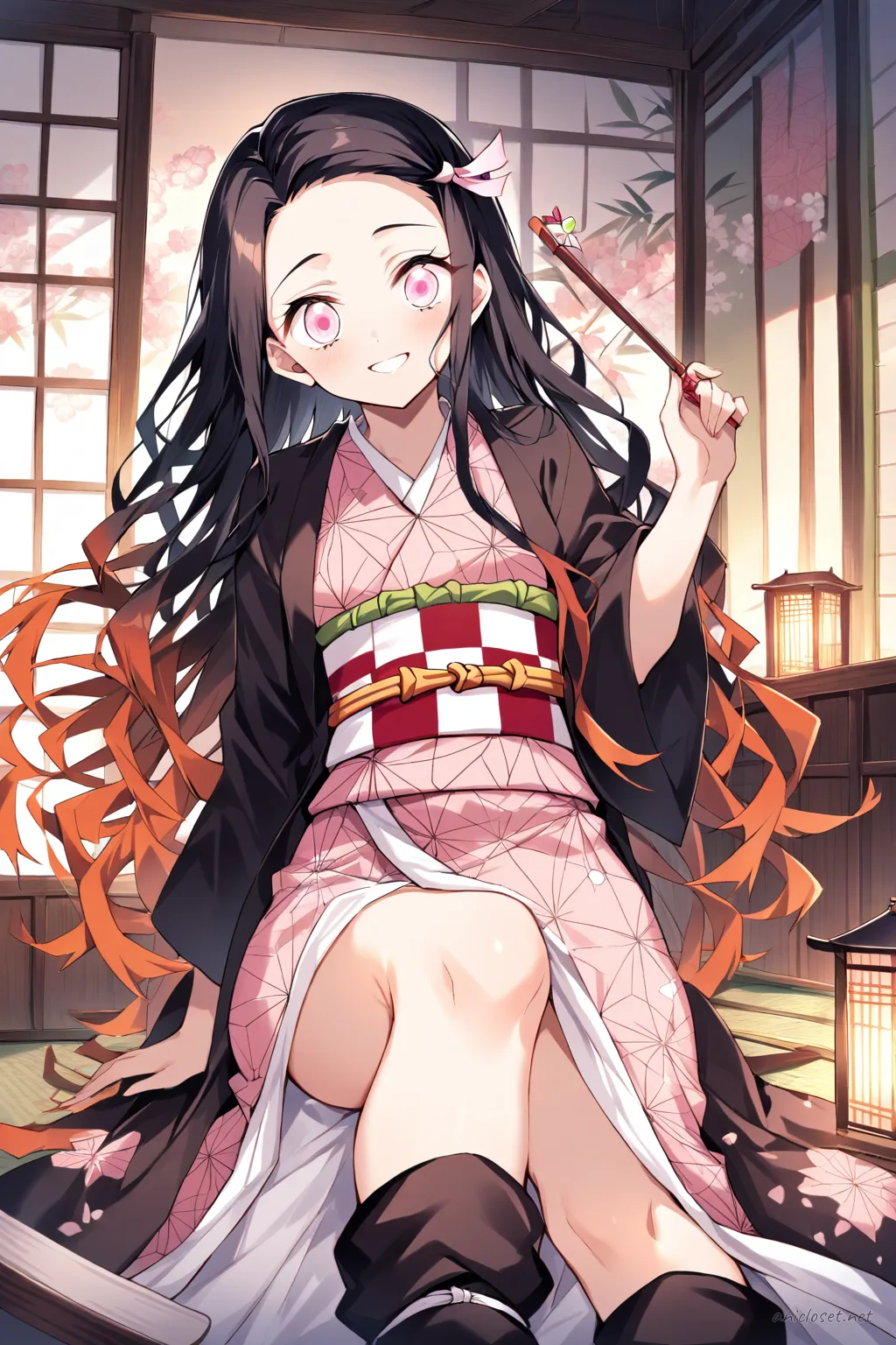 Half-body illustration of Nezuko Kamado wearing a light blue yukata with subtle floral patterns, wide obi belt, and traditional wooden geta sandals under soft studio lighting