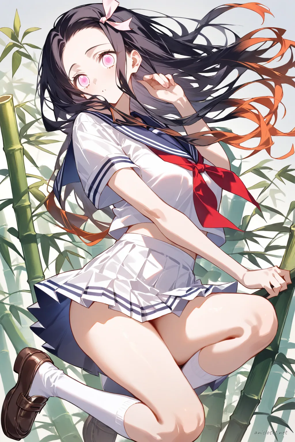 Full-body three-quarter view illustration of Nezuko Kamado wearing a navy sailor collar blouse, red neckerchief, navy pleated skirt, white knee-high socks, and brown loafers against a simple studio background