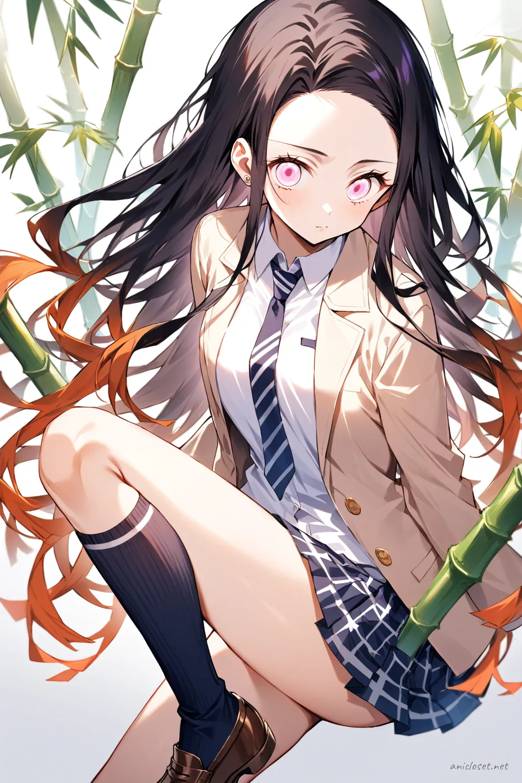 Illustration of Nezuko Kamado in a beige blazer school uniform with navy necktie and pleated plaid skirt, knee-up half-body view