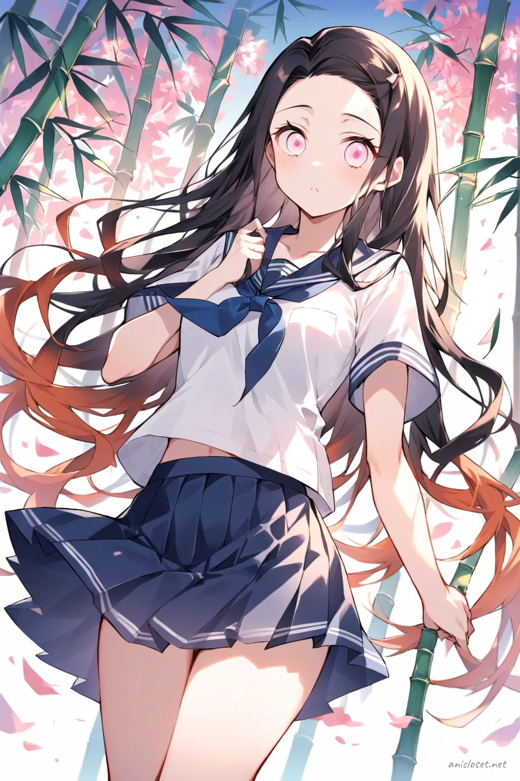 Illustration of Nezuko Kamado wearing a summer sailor uniform with short sleeves, navy blue ribbon tie, pleated skirt, knee socks, and loafers in soft studio lighting
