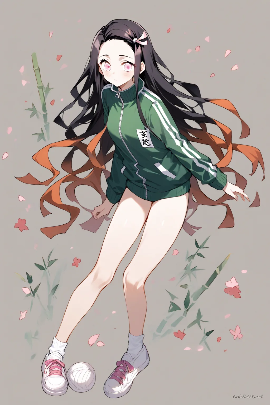 Full-body three-quarter view illustration of Nezuko Kamado wearing a gym tracksuit jacket and pants with zipper and white stripe detailing, slip-on sneakers, and ankle socks against a simple studio background