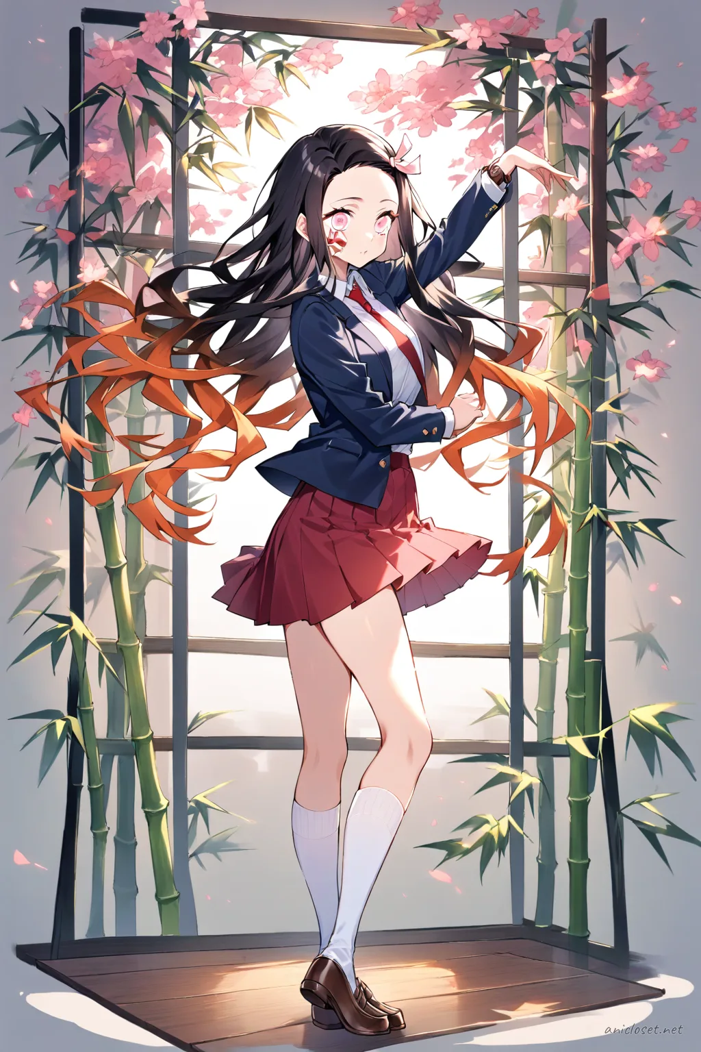 Full-body illustration of Nezuko Kamado wearing a formal school uniform with a long pleated navy blue skirt, white blouse, navy blazer, red ribbon necktie, white knee-high socks, and brown loafers against a clean studio backdrop