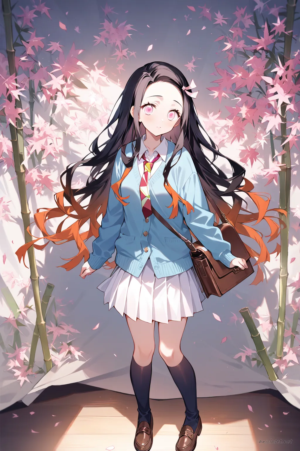 Full-body illustration of Nezuko Kamado in a navy blue cardigan, white blouse, pleated skirt, knee-high socks, brown loafers, and carrying a brown leather book bag, standing against a clean studio backdrop