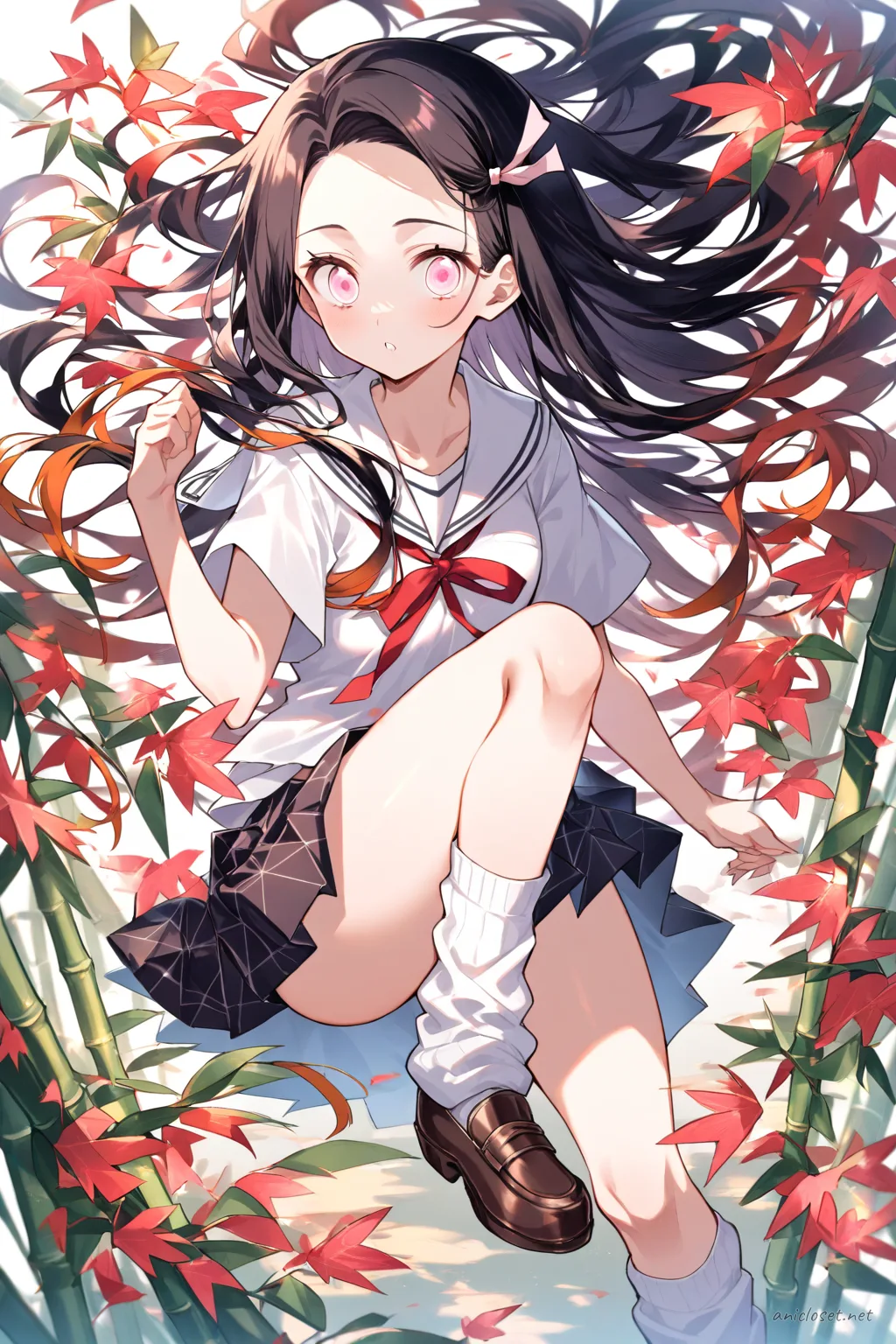 Knee-up half-body illustration of Nezuko Kamado in a school uniform with a checkered pleated skirt, white blouse, red neck ribbon, and loose socks under soft studio lighting