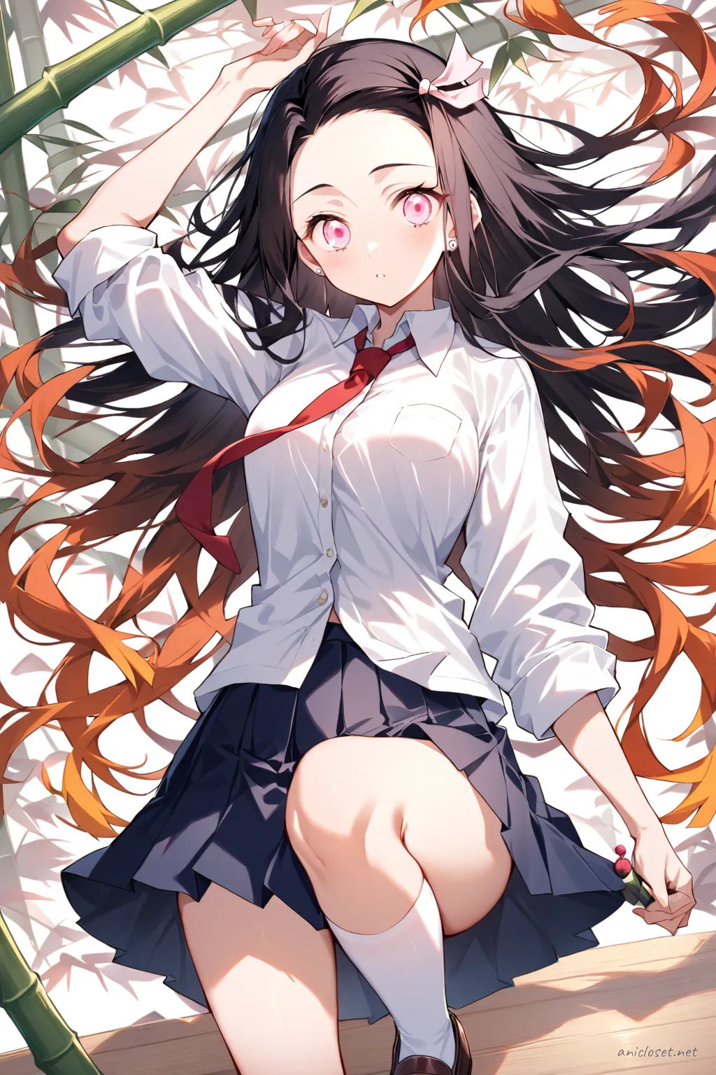 Illustration of Nezuko Kamado in a school outfit with a loosened red necktie, rolled-up white shirt sleeves, navy pleated skirt, white knee-high socks, and brown loafers against a clean background