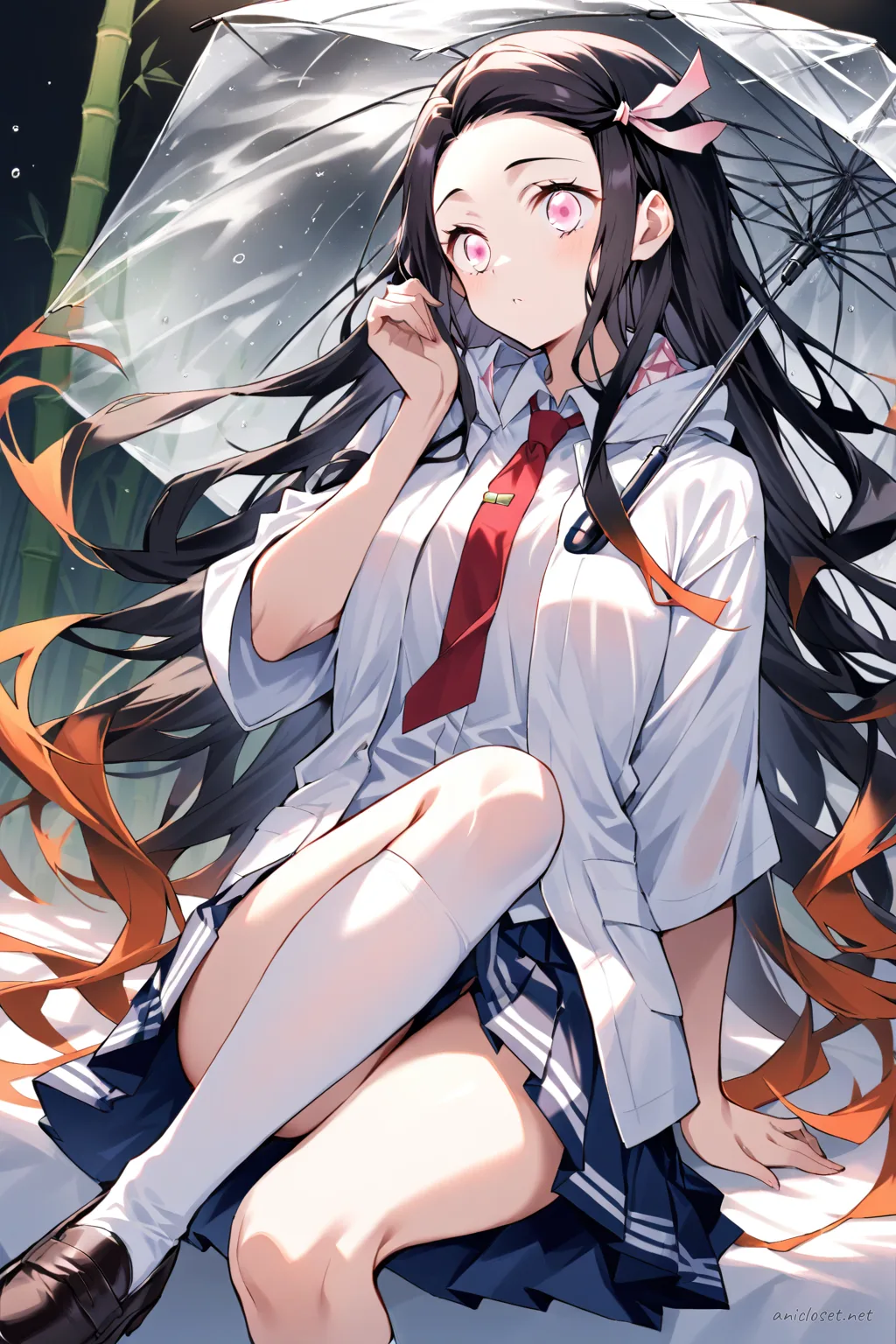 Illustration of Nezuko Kamado wearing a navy blue school raincoat over a white blouse and pleated skirt, holding a transparent umbrella in a knee-up half-body pose