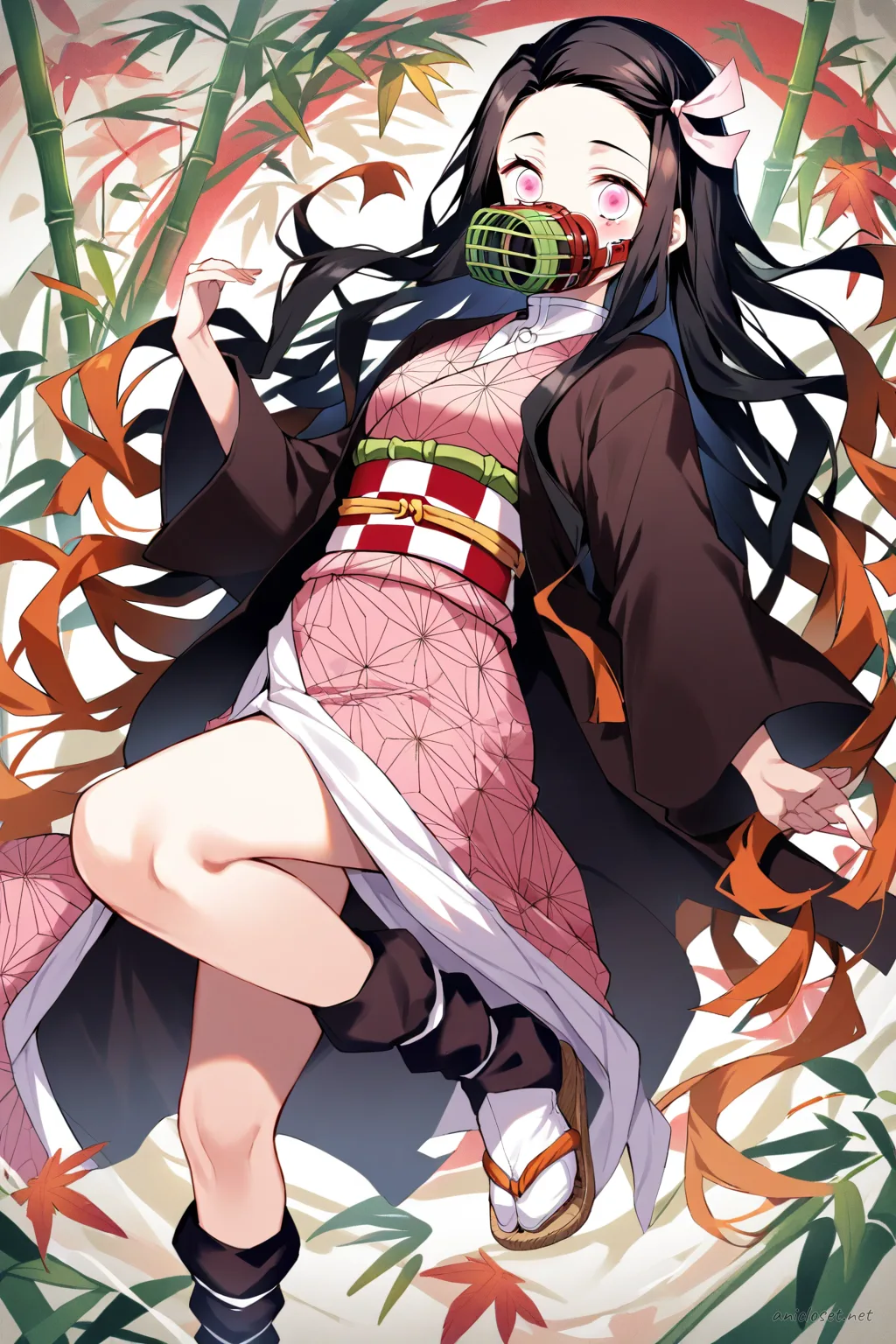 Full-body three-quarter view of Nezuko Kamado in classic pink kimono with hemp leaf pattern, dark brown obi, red and white checkered haori, bamboo muzzle, tabi socks, and zori sandals on clean studio background